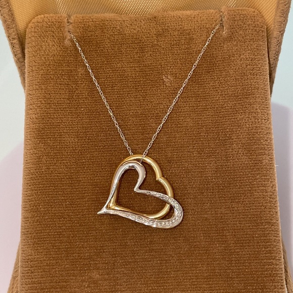 Solid 14K Yellow & White Gold Double 2 Two Hearts Pendant Neck Chain Necklace - Picture 6 of 13